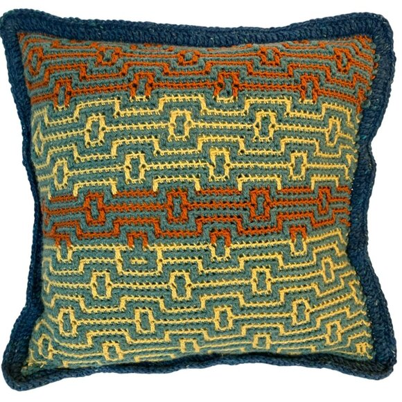 Vintage Knit Crochet Pillow Cover 1970's Mod Retro Hand Crafted 17"x17" - Picture 2 of 5